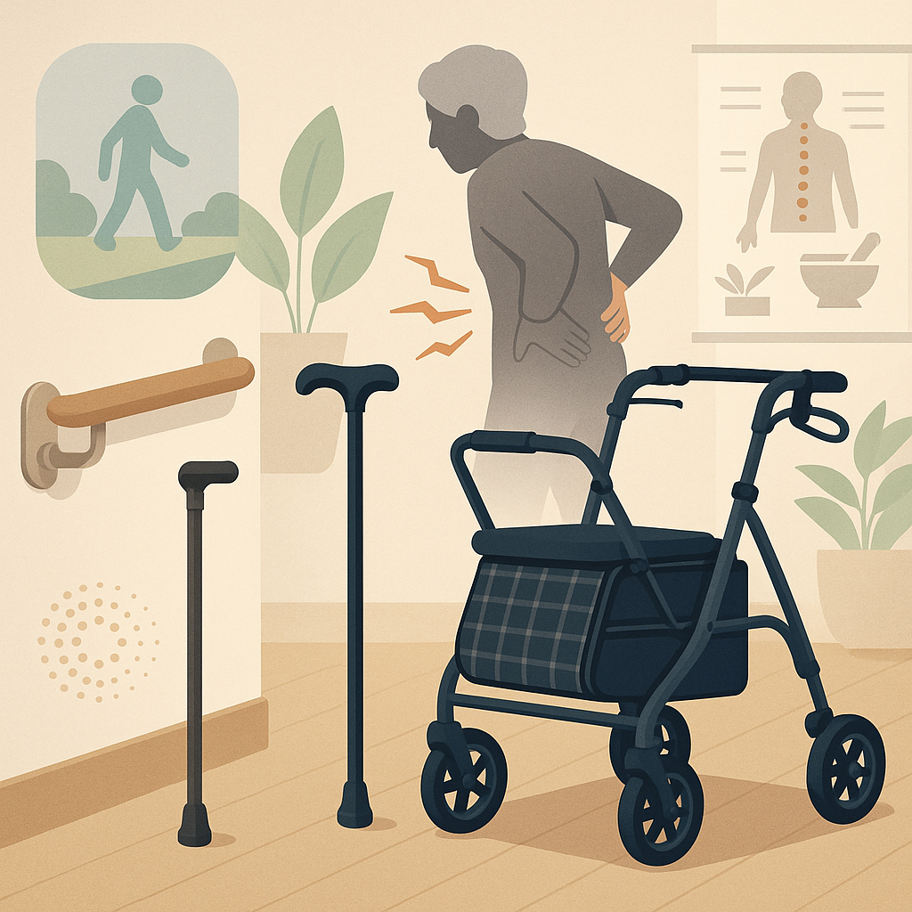 歩行困難と腰痛に向けた皆歩対策：手すり・杖・シルバーカーの3要点